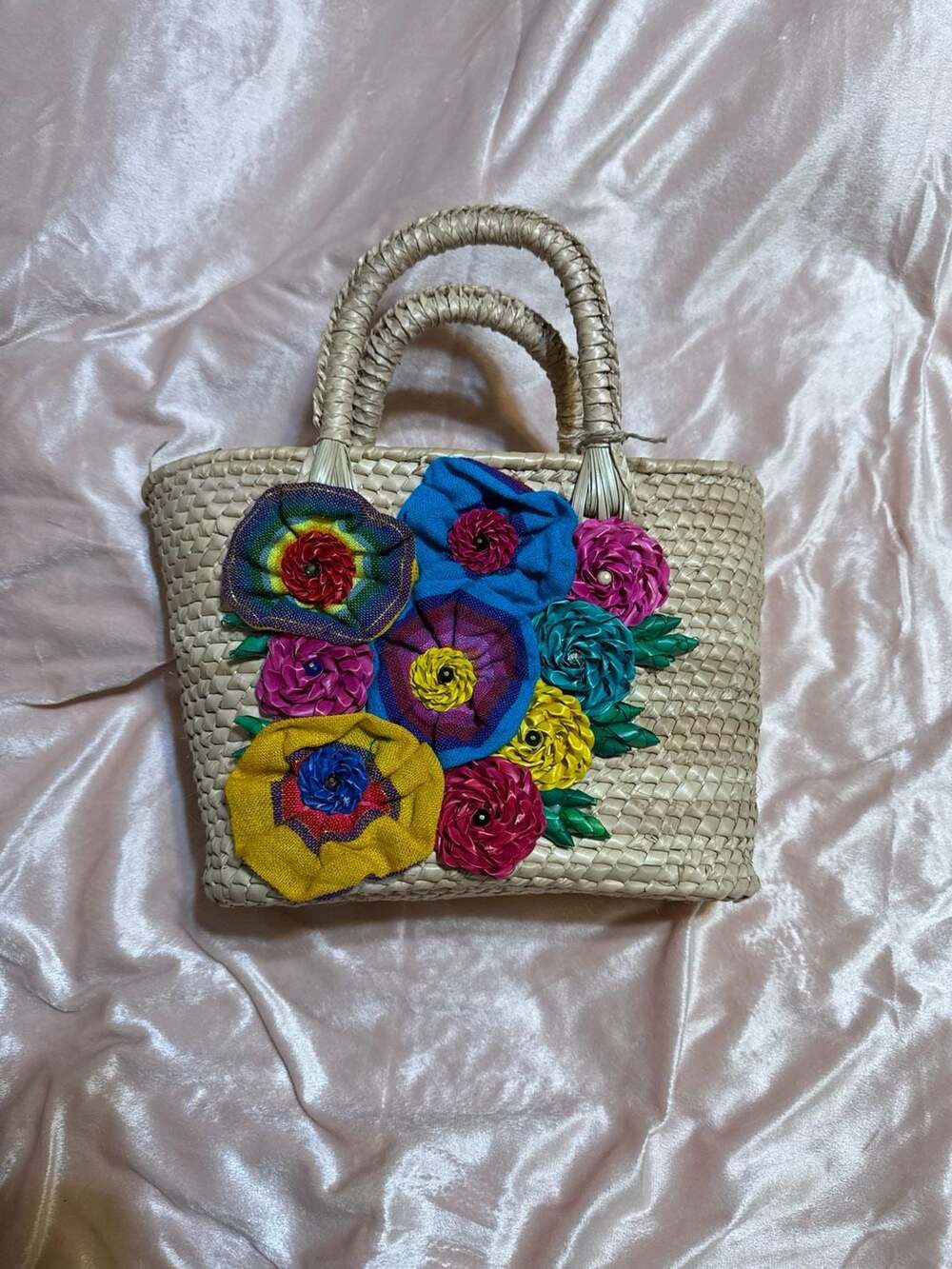 Handwoven Mexican Palm Tote Bag with Colorful 3D Floral Embroidery